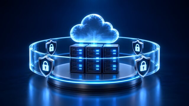 Enterprise server rack protected by glowing cyber security shields and cloud computing network hologram