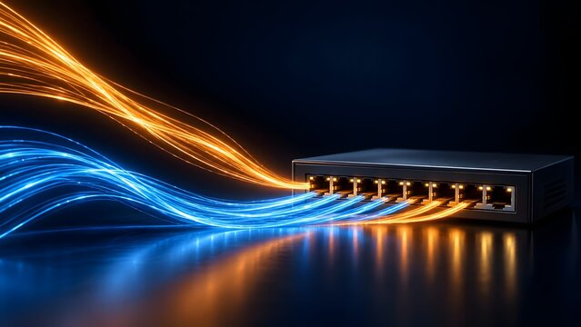 High speed network router switch with glowing blue and orange fiber optic cables representing fast data transmission