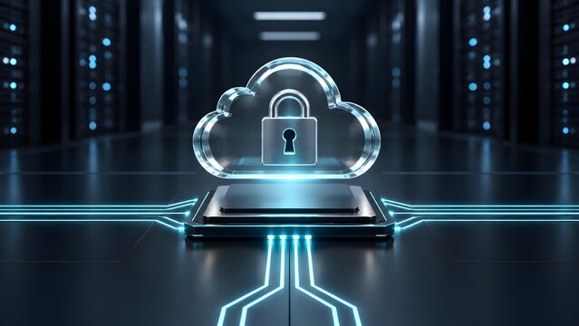 Secure cloud computing server with a digital padlock shield inside a futuristic glass data center