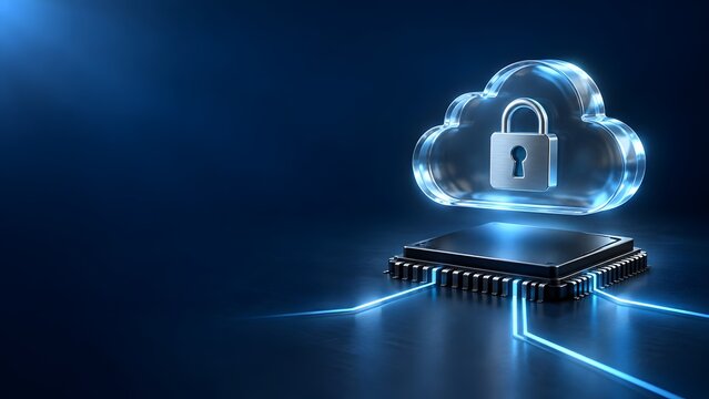 Glowing cloud computing security icon with padlock resting on a microchip processor symbolizing secure data encryption