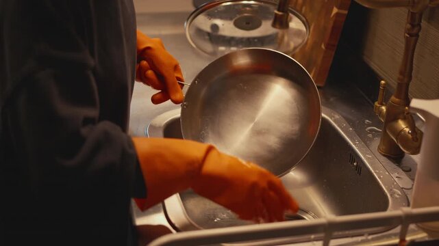 Close-up of a person in orange rubber gloves rinsing a metal frying pan under running water, turning off the faucet, and wiping the pan with a kitchen towel. A daily routine to keep the kitchen clean.