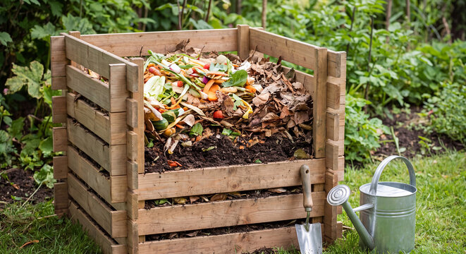 Outdoor view of a rustic wooden composting bin filled with vegetable scraps and soil next to a watering can promoting sustainable gardening practices