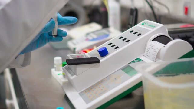 Gloved hands load a sample into a bench top clinical analyser in a laboratory, pipetting yellow reagent into a rack of tubes while a printed result slip curls from the machine. Close up shot