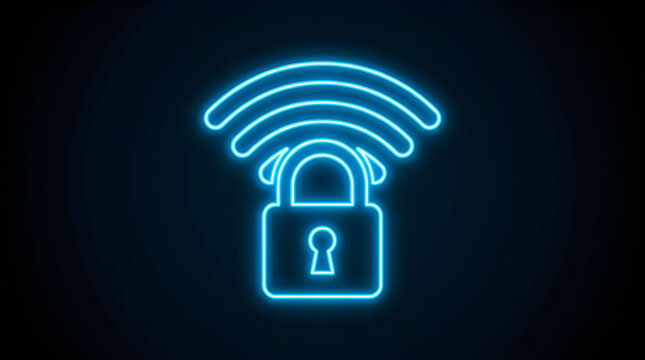 Neon glowing padlock with wifi signal above on a dark background
