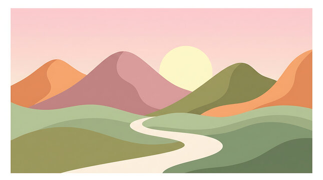 Minimalist mountain landscape illustration with a winding path and soft sunset colors