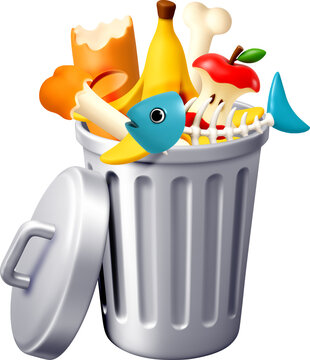 3D overflowing garbage can with food scraps