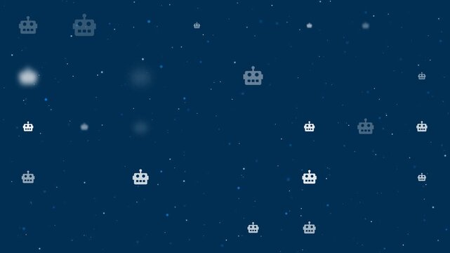 Template animation of evenly spaced robot head symbols of different sizes and opacity. Animation of transparency and size. Seamless looped 4k animation on dark blue background with stars