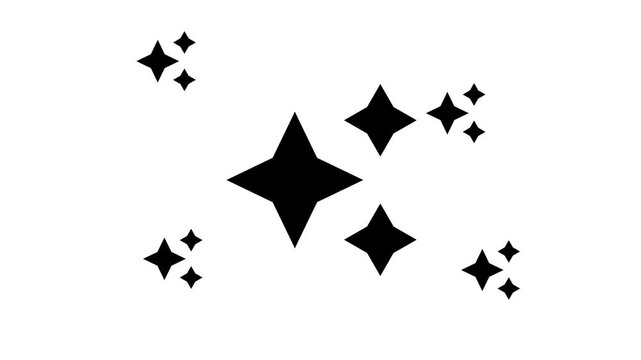 Zoom in and out animation the sparkles symbol. Large black symbol in the center and four small symbols around. Seamless looped 4k animation on white background