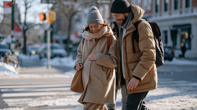 Pregnant woman in winter coat navigating a slushy city crosswalk with deliberate steps, supportive partner beside, winter urban mobility, maternity lifestyle, city pedestrian