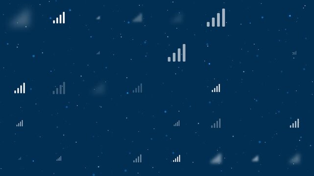 Template animation of evenly spaced signal bars symbols of different sizes and opacity. Animation of transparency and size. Seamless looped 4k animation on dark blue background with stars