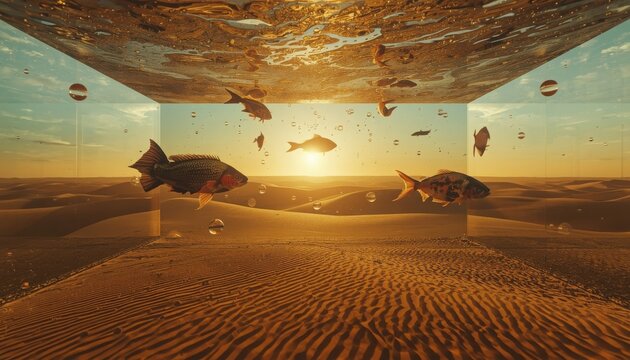 Surreal Desert Mirage with Fish Swimming in Glass Room at Golden Sunset