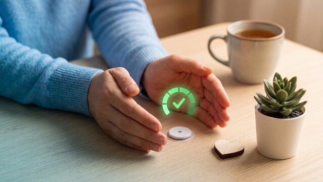 Diabetes care and glucose monitoring concept, woman hand protecting wearable CGM sensor with normal level gauge near wooden heart, tea and plant for healthy blood sugar control