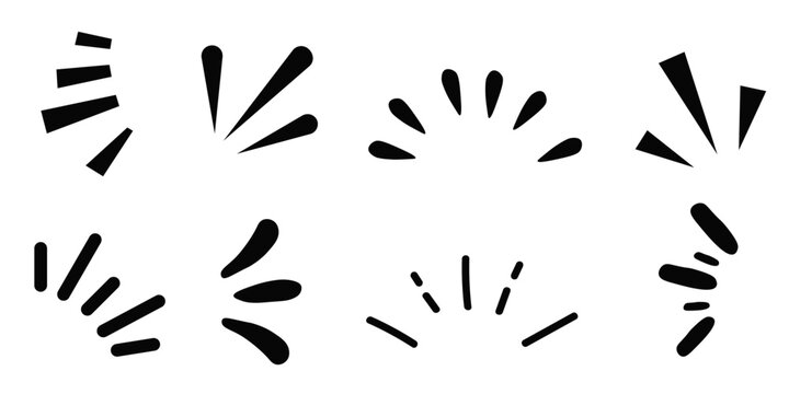 Set of eight black brush emphasis marks and radiating dashes. Tapered strokes, short rays and sparkle lines for highlighting text, comic sound effects, banners, infographics and cards