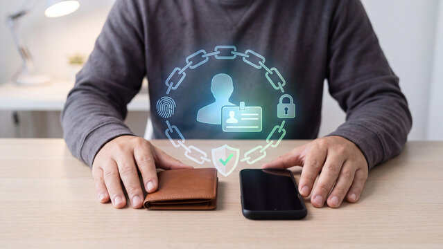 Digital identity wallet and personal data protection concept, man with leather wallet and smartphone under ID card hologram, fingerprint, padlock and chain for mobile identity verification