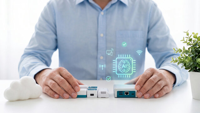 Edge AI computing and IoT network concept, man hand connecting smart sensor devices to mini computer gateway near cloud model with wireless signal and AI chip for local data processing