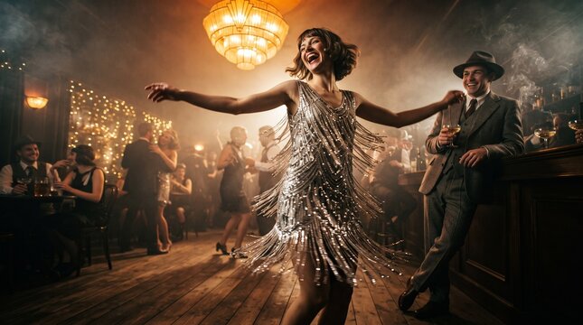 People Celebrating Roaring 20s Great Gatsby Theme Party in Vintage Elegance. 1920s Retro Gatsby Party Concept Banner with Copy Space