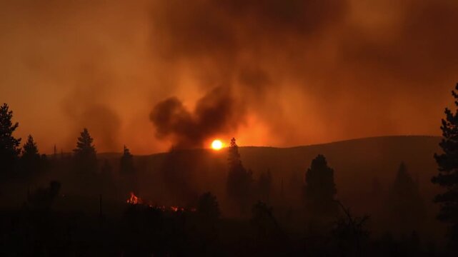 Wildfire Rages Through Forest Landscape at Dusk.