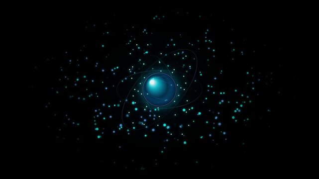 Abstract science background showing a glowing atom structure with floating particles and orbiting rings