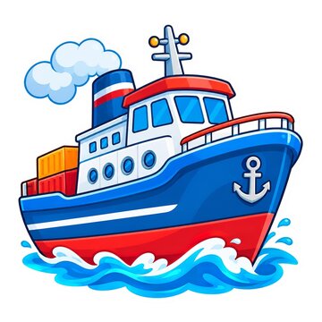 Cute cartoon cargo ship sticker isolated on transparent background, vector style illustration of a blue tugboat in ocean waves.