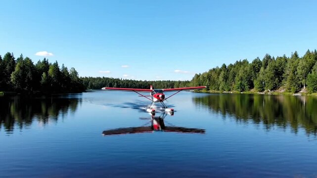 Seaplane Takes Off From Calm Lake Surrounded By Lush Green Forest.