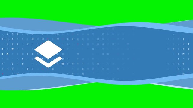 Animation of blue banner waves movement with white layers symbol on the left. On the background there are small white shapes. Seamless looped 4k animation on chroma key background