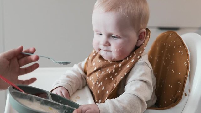 A close-up shot of a sweet caucasian infant wearing a brown bib and sitting in a high chair during mealtime. Parent's hand holding a spoon to feed the cute toddler with healthy porridge or solid food