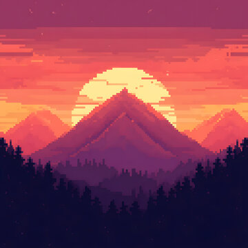 Abstract 3D voxel art pixel landscape with sunset gradient