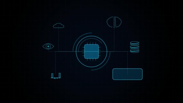 Digital abstract representation of central processor unit with connected data icons