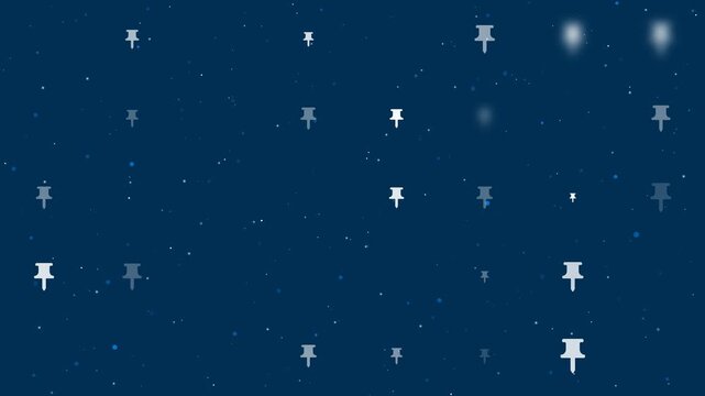 Template animation of evenly spaced pushpin symbols of different sizes and opacity. Animation of transparency and size. Seamless looped 4k animation on dark blue background with stars