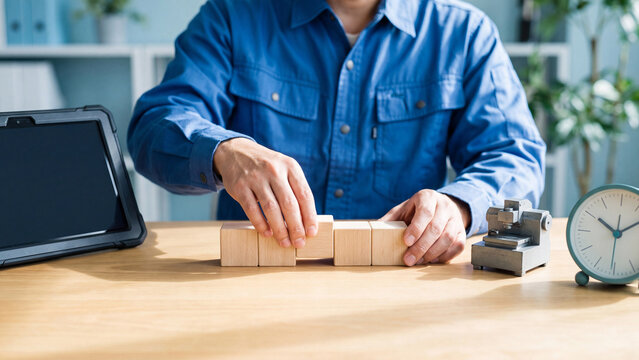 Manufacturing workflow planning and lean process scheduling concept, worker aligning wooden cubes near metal equipment model, tablet and clock for lead time and maintenance management