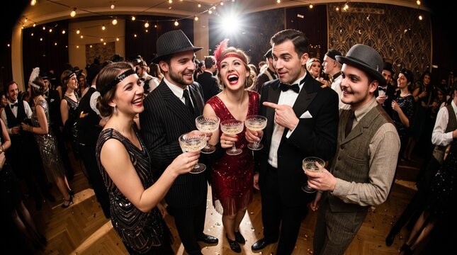 People Celebrating Roaring 20s Great Gatsby Theme Party in Vintage Elegance. 1920s Retro Gatsby Party Concept Banner with Copy Space