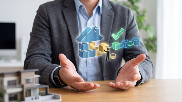 Property tokenization and fractional ownership concept, businessman presenting house hologram of digital cubes with coin and chain near modern house model for smart property investment