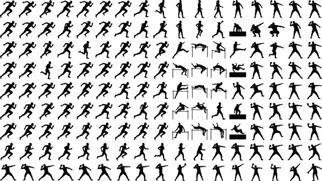 Set of black silhouettes of athletes running, jumping hurdles, and throwing shot put