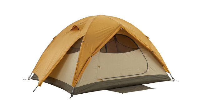 Beige outdoor dome camping tent with rainfly shelter for wilderness adventure. Hiking trekking campsite equipment accommodation. Isolated on transparent background.