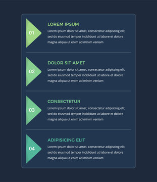 Infographic template with four numbered arrow shaped element stacked vertically alongside text blocks. Dark background