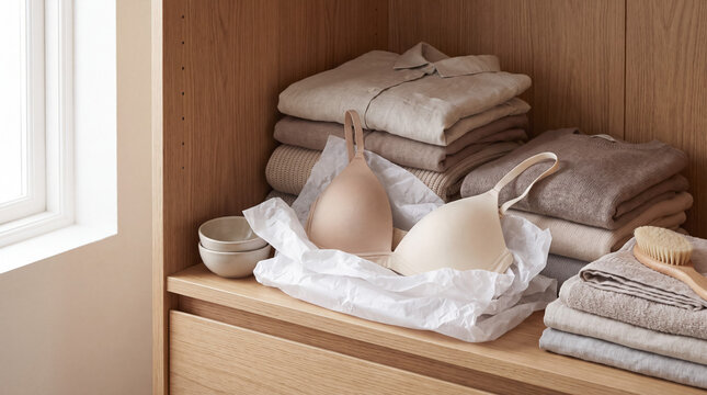 Beige bras organized in a wooden closet with neatly folded neutral toned clothes and clean linen