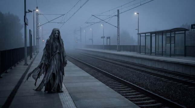 Ghost on Rainy Railway Station