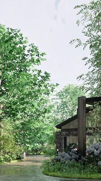雨に濡れる植栽と通路のあるモダンガーデン