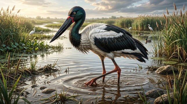 Elegant wading bird with long beak in wetland marsh surrounded by reeds and water