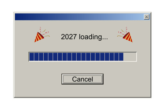 2027 New Year greeting card vector background. 2027 loading notification message in classic retro style of system user interface. Retro festive holiday postcard, invitation, banner