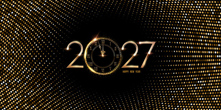 2027 Happy New Year greeting card vector illustration. Festive Christmas horizontal social media banner. Shiny golden numbers 2027 on elegant halftone black background