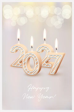 2027 Happy New Year greeting card vector background. 2027 candle numbers with fire on beige background with bokeh,. Festive luxury elegant sparkle holiday postcard, invitation, banner for social media