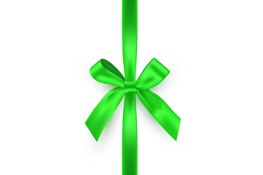 Green ribbon with bow on white background. Gift wrapping decoration element. Present box decoration. Realistic 3d vector illustration.