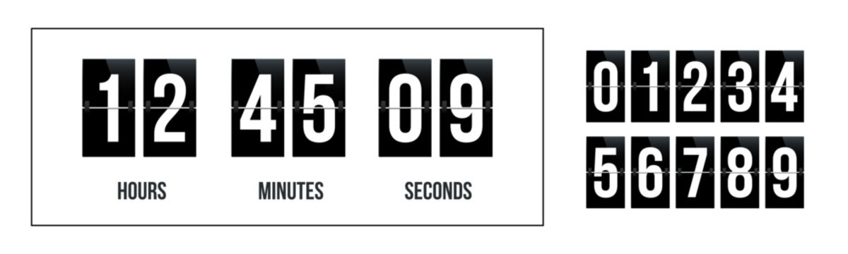 Flip countdown numbers set. Mechanical flip clock display with countdown numbers and classic analog timer design showing hours, minutes, and digital scoreboard digits. Realistic vector illustration