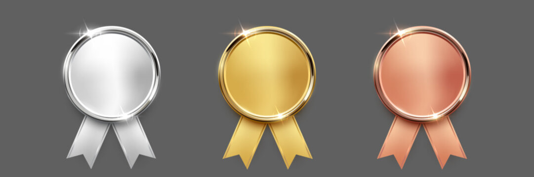 Gold, silver, bronze medals. Realistic 3D metallic award medals with ribbons, symbolizing first, second, third place in sports, competitions, athletic events. Winner emblems. Vector illustration.