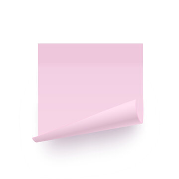 Post note. Pink sticky square note paper with curled corner. Blank adhesive notepad page template isolated on white background. Realistic vector illustration for reminders and memos.