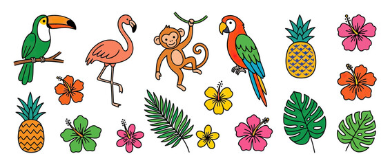 Fototapeta premium Tropical Collection: Toucan, Flamingo, Monkey, Parrot, Pineapple, Flowers