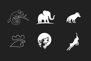 Obraz premium Stylized Animal Logos Collection: Elephant, Wolves, Chameleon, Rooster, and Antelope Vector Icons for Branding and Design