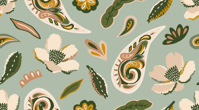 Earthy Boho Floral Paisley Sage Green Seamless Pattern