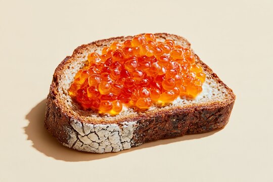 Thick slice of dark rye bread topped with white spread and glossy orange fish roe, casting a soft shadow on a neutral background, isolated food subject